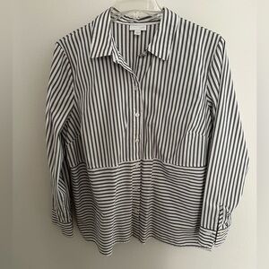 J Jill LP blouse, stripes of black,white,tan. Long sleeve side split, ex cond